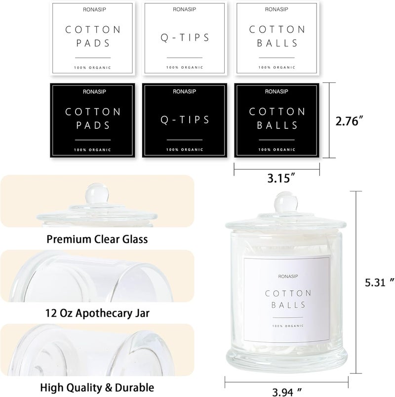 Ronasip Qtip Holder & Cotton Pad Dispenser, Bathroom Organizer and Storage Canisters, 16oz Glass Apothecary Jars for Kitchen, Restroom - Home Decor, Room Decor Aesthetic (2 Pack, Transparent) - Image 5